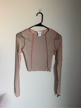 Beige Sheer Long-Sleeve Mesh Top with Contrast Trim
